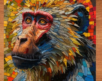 Baboon Stained Glass Look Art on Glossy Ceramic Decorative Tile Tileful Artful Mosaic Wall Decor