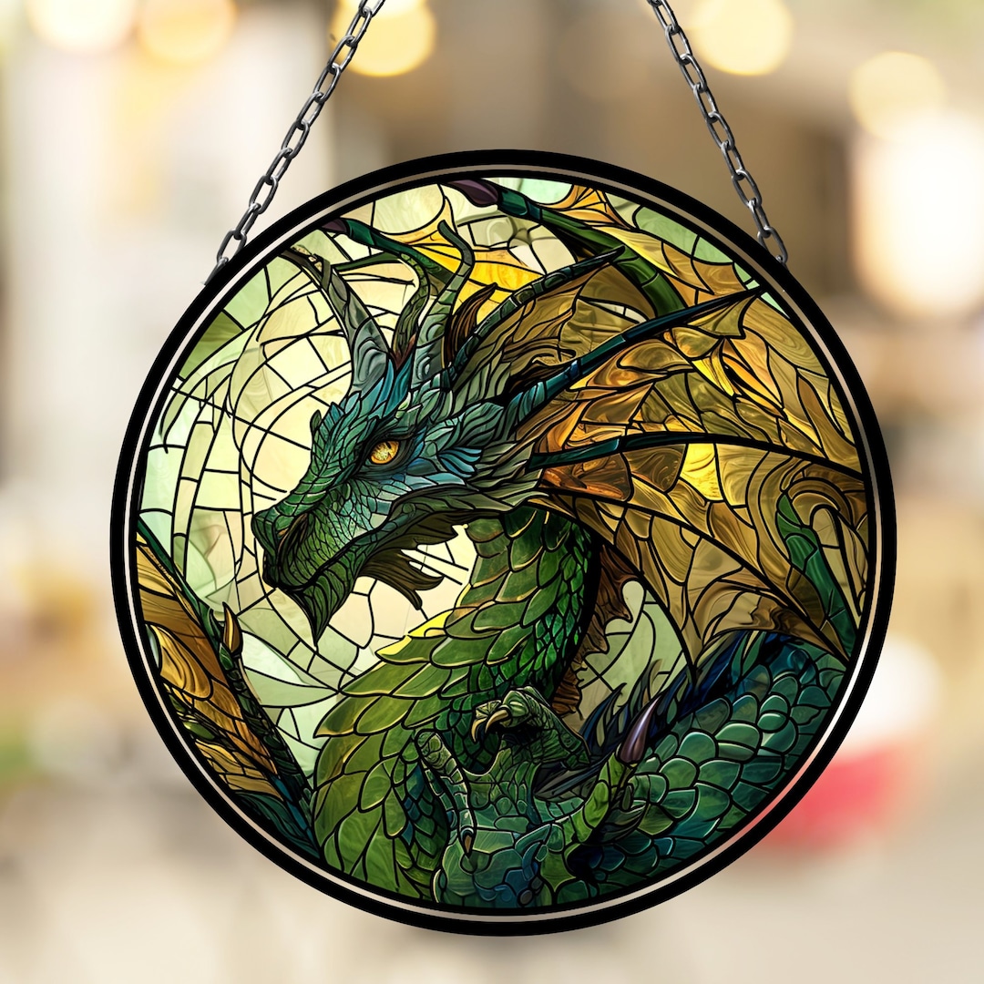 Green Dragon Suncatcher Stained Glass Vibrant Color Window Art Gift for ...