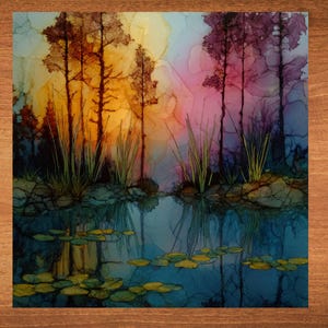 May include: An abstract landscape painting featuring a serene pond reflecting trees and a colorful sunset. The artwork showcases tall, slender trees, reeds, and lily pads in a vibrant display of orange, pink, and blue hues.