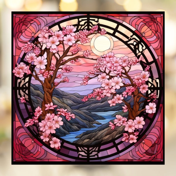 Cherry Blossoms in Kyoto Stained Glass Window Cling Window Decal Sticker Reusable Window Cling Arful Window Decor