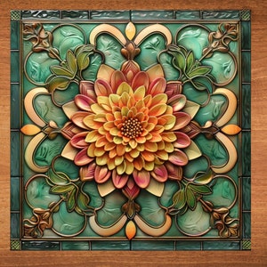 May include: A stained glass tile with a floral design. The tile features a large, multi-colored flower with a yellow center and pink petals. The flower is surrounded by a green and gold leafy design.