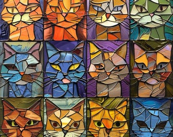 Cat Expressions Stained Glass Look Art on Glossy Ceramic Decorative Tile Gift Artful Mosaic Wall Decor