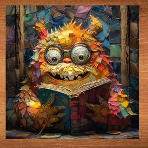 May include: A colorful, patchwork monster wearing glasses reads a book. The monster is made of different colored pieces of fabric and has a friendly expression.