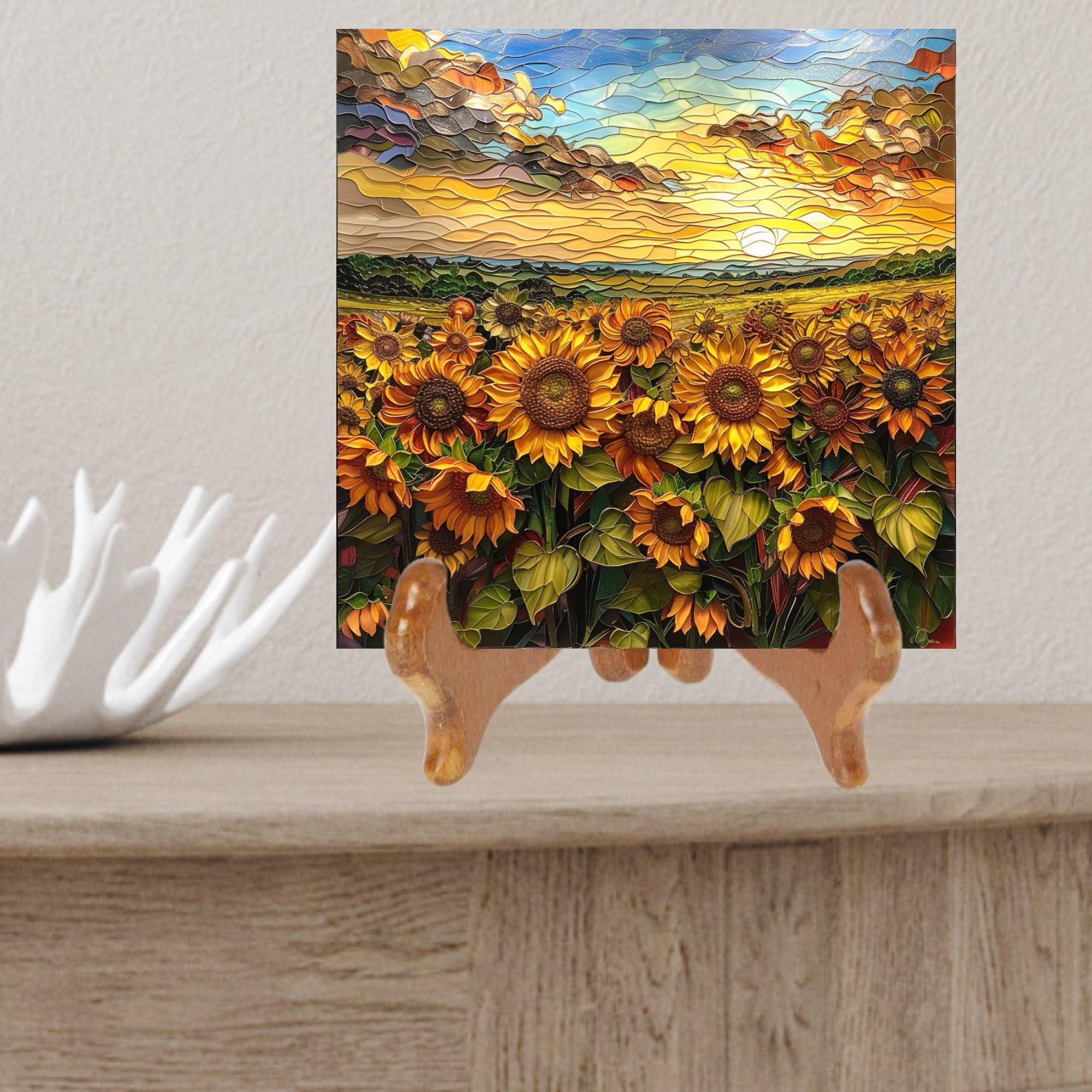 Sunflower field Ceramic Art Tile Stained Glass Look Glossy Bookshelf Book Nook Wall Decor Gift for Her Christmas