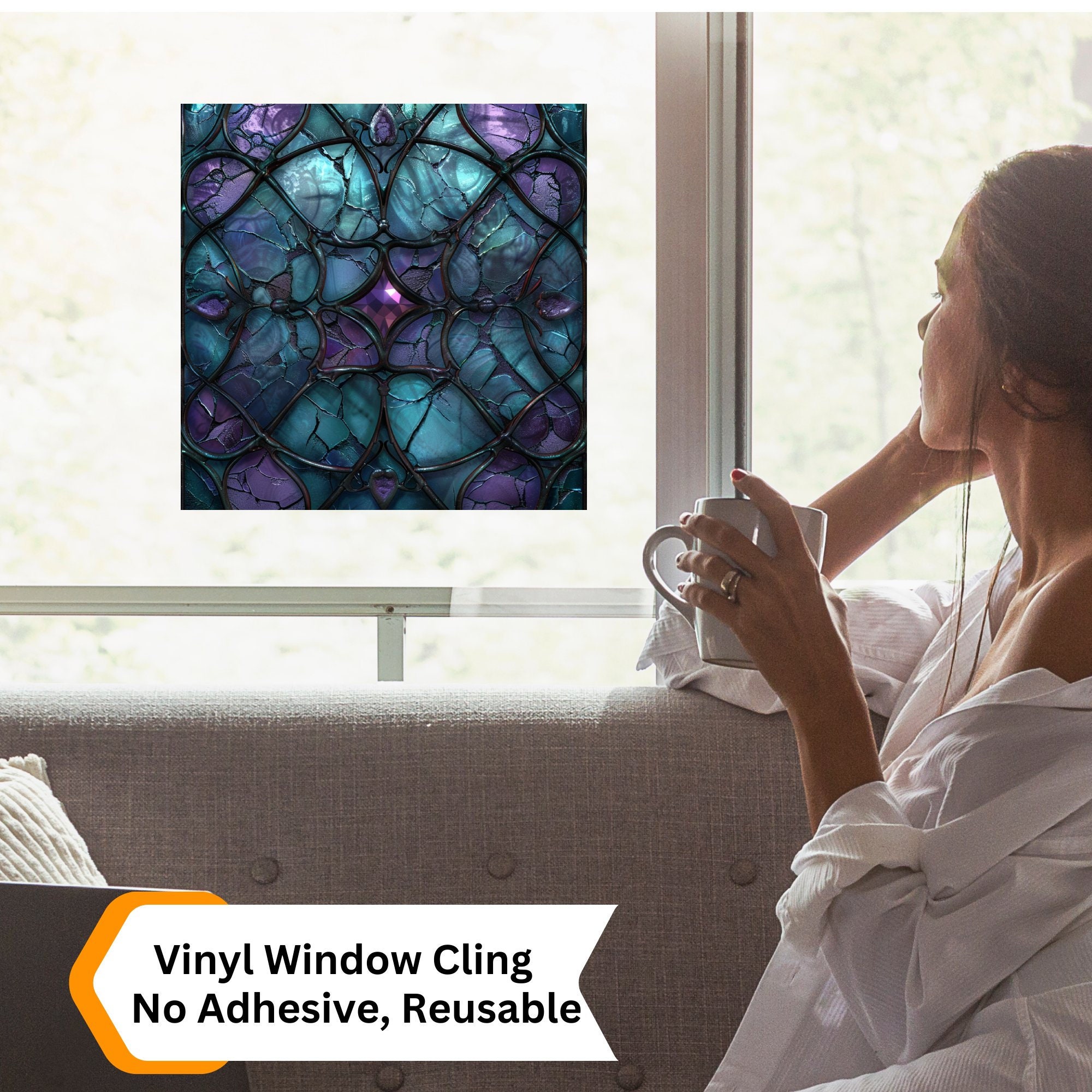 Deep Purple and Teal Stained Glass Window Cling Gothic Decor Sticker ...