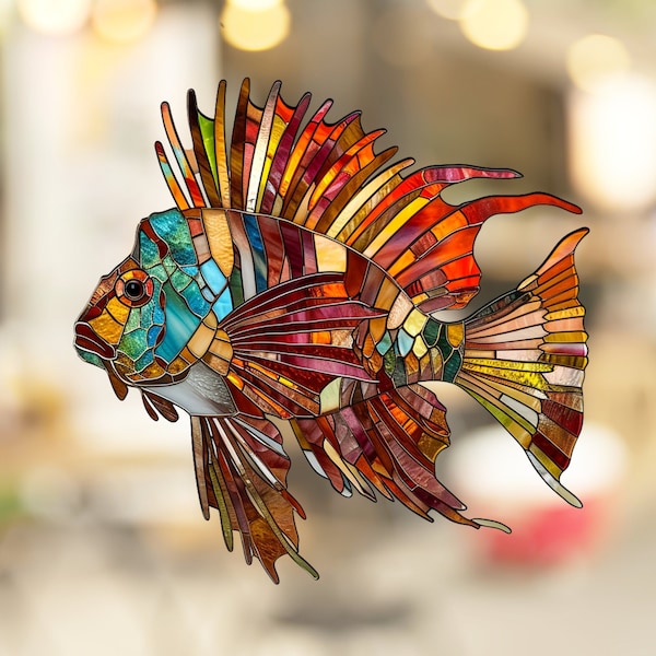 Lionfish Stained Glass Window Cling Window Sticker Decal - No Adhesive Required, Reusable Gift for Her Him Home