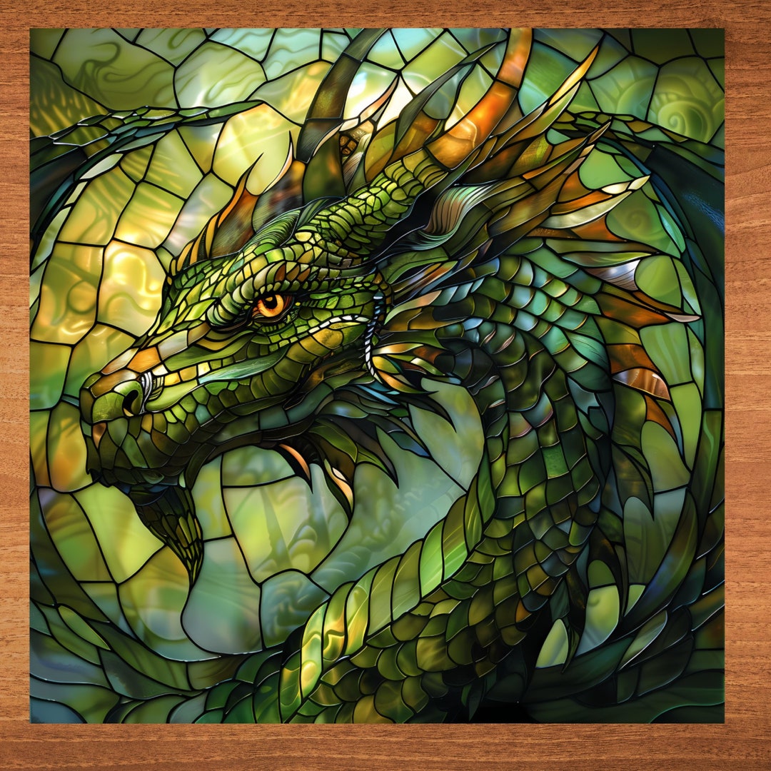 Green Dragon Stained Glass Look Art on Glossy Ceramic Decorative Tile ...