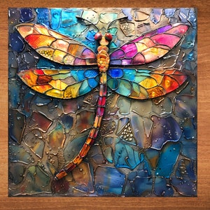 Dragonfly Stained Glass Look Art on Glossy Ceramic Decorative Tile Gift Artful Mosaic Wall Decor