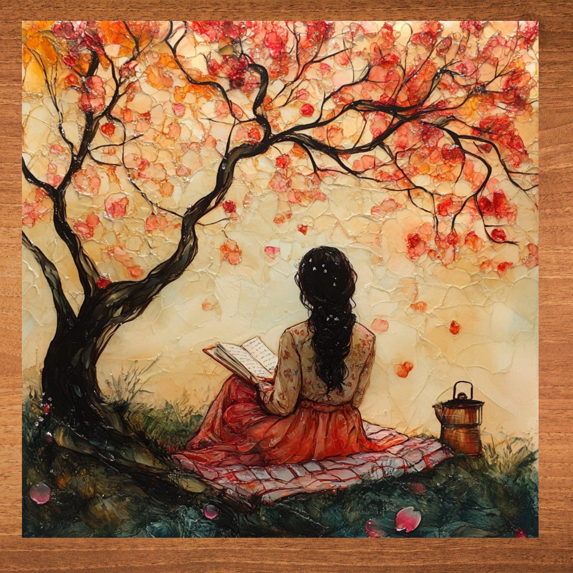Girl Reading Peach Sun Light Academia Fine Ceramic Art Tile Academia Aesthetic Bookish Decor for Booknook Desk Wall Art