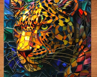 Leopard Stained Glass Look Art on Glossy Ceramic Decorative Tile Tileful Artful Mosaic Wall Decor