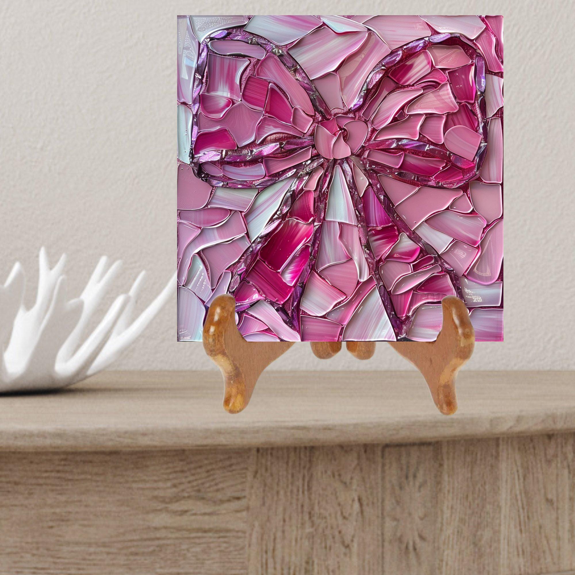 Coquette Pink Bow Ceramic Art Tile Stained Glass Look Glossy Bookshelf Book Nook Wall Decor Gift for Her Christmas