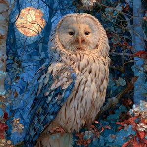 May include: A detailed owl with cream and brown feathers perched on a branch, set against a mosaic-style background of blue tones and a glowing orange moon. The artwork features intricate patterns of light and shadow across the bird's plumage.