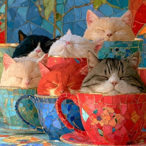 Sleeping Cats in Teacups Stained Glass Ceramic Tile | Cat Wall Art | Tea Lover Gift