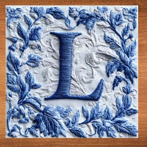 May include: A blue embroidered letter L surrounded by a white and blue floral design.