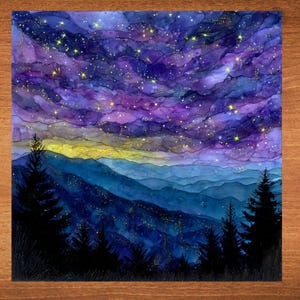 May include: Watercolor painting of a night sky over a mountain range. The sky is a blend of purple, blue, and yellow hues, with numerous yellow stars. Silhouetted pine trees are in the foreground.