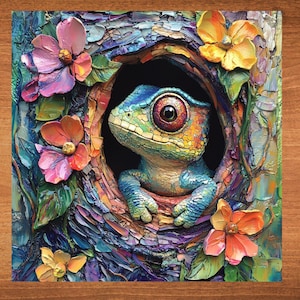 May include: A colorful painting of a small green lizard with a large red eye, peeking out of a tree trunk with pink and yellow flowers.
