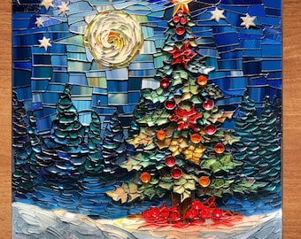 Christmas Tree Forest Ceramic Art Tile Stained Glass Look Glossy Bookshelf Book Nook Wall Decor Gift for Her Christmas