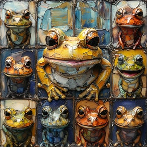 May include: A colorful mosaic of nine frog figurines. Each frog is painted in a different color scheme, including green, yellow, orange, red, and blue. The frogs are arranged in a grid pattern, with a larger frog in the center.