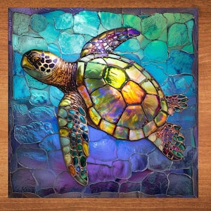 Sea Turtle Stained Glass Look Art on Glossy Ceramic Tile Tileful Artful Display Piece and Gift