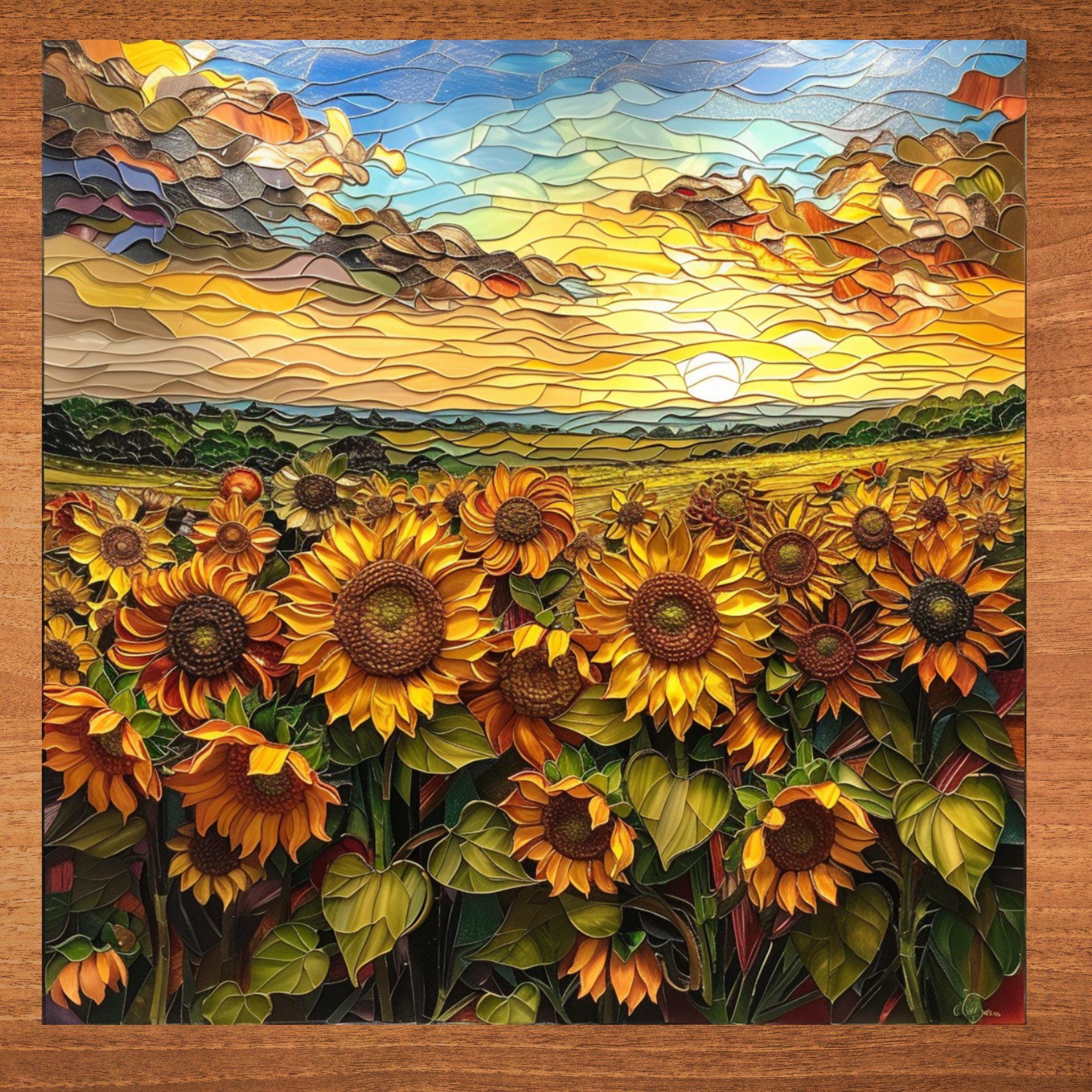 Sunflower field Ceramic Art Tile Stained Glass Look Glossy Bookshelf Book Nook Wall Decor Gift for Her Christmas