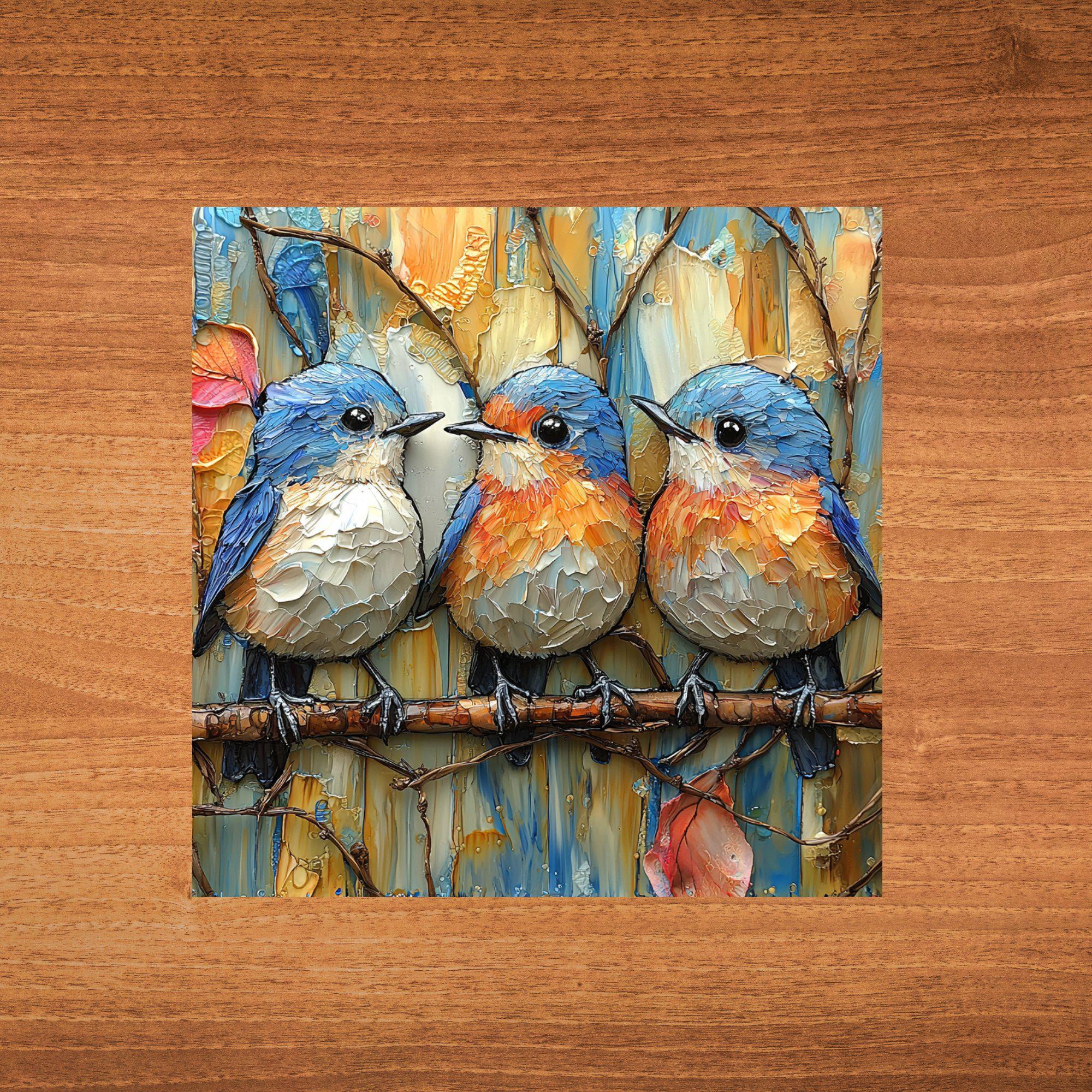Row of Bluebirds Decorative Tile Ceramic Art Tile Wall Decor Bookshelf Book Nook Wall Art Gift for Her House Decoration