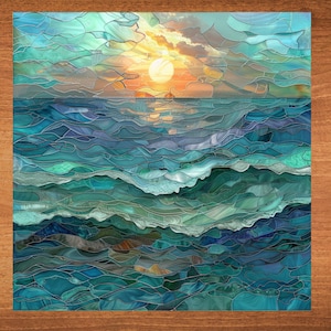 May include: A stained glass style artwork depicting a sunset over a blue and green ocean. The sun is a bright yellow and the sky is a mix of blue, yellow, and orange. The ocean is made up of many small pieces of glass in shades of blue, green, and turquoise.