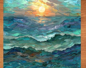 Ocean waves at sunrise Stained Glass Look Art on Glossy Ceramic Tile Tileful Artful Display Piece and Gift