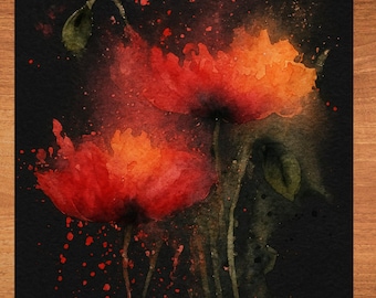 Poppies on Black Ceramic Art Tile August Birth Month Flower Gift Poppy Decor on Black Background Tiles 2-12 inches Wall Decor Backsplash