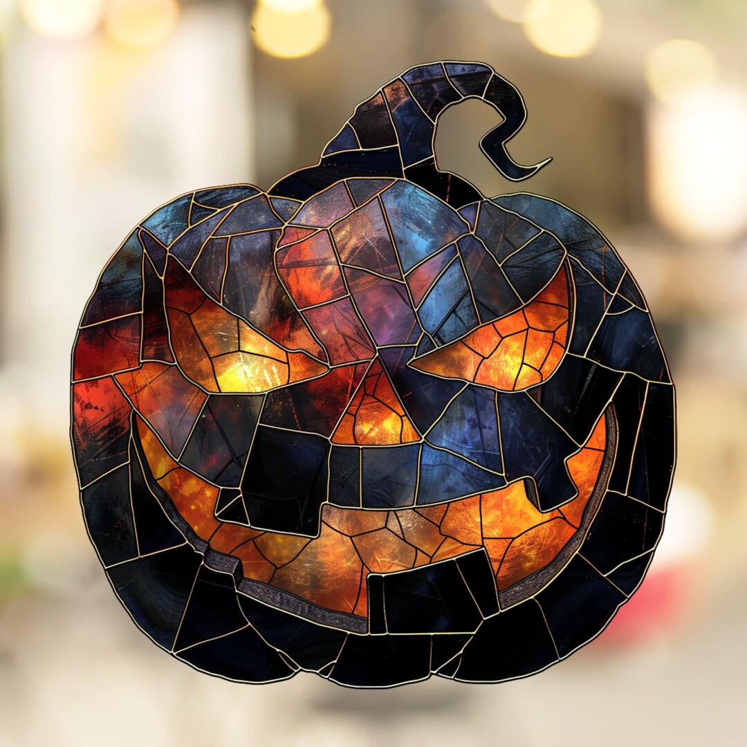 Dark Jack O Lantern Pumpkin Halloween Stained Glass Look Window Cling ...
