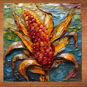 May include: A vibrant, textured painting of an ear of corn. The kernels are a mix of red, orange, and yellow, with detailed husk leaves in shades of gold and brown. The background is a blend of blue and green.