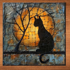 May include: A mosaic artwork featuring a black cat silhouette perched on a ledge, set against a glowing orange and yellow moon. A bare tree stands to the left. The background has a textured, multi-colored appearance.