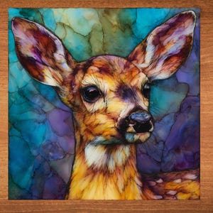 May include: A watercolor painting of a deer's head, featuring large ears and a detailed coat of brown, yellow, and white. The background is a blend of blue, purple, and green hues, creating a vibrant and artistic composition.