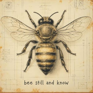 May include: A detailed illustration of a honeybee centered on a vintage-style parchment background with technical grid lines and architectural sketches. The text "bee still and know" is printed in black at the bottom of the artwork.
