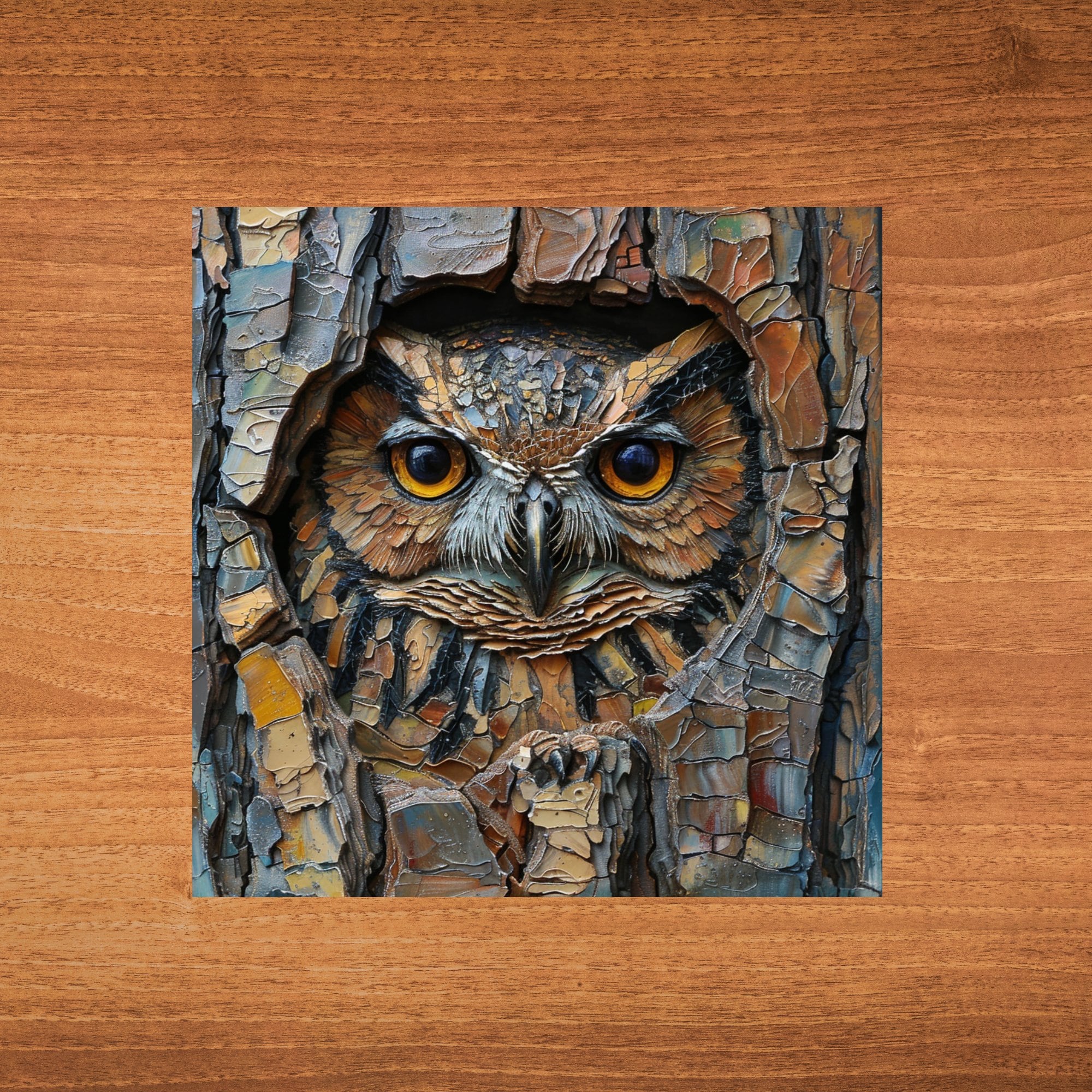 Owl in Hollow Tree Stained Glass Look Art on Glossy Ceramic Tile Decorative Gift Artful Mosaic Wall Decor