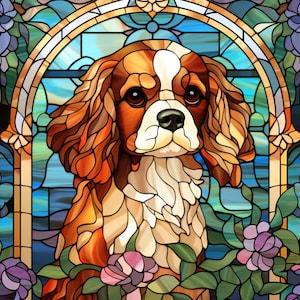 Cavalier King Charles Spaniel  Stained Glass Window Cling Spaniel Lover Window Film Stain Stained Glass Decal Sticker Gift for Dog Lover