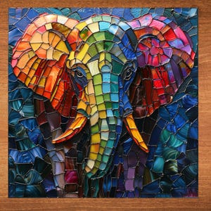 May include: A colorful stained glass mosaic of an elephant's head. The elephant's trunk is long and curved, and its eyes are large and round. The mosaic is made up of small pieces of glass in a variety of colors, including blue, green, yellow, orange, and red.