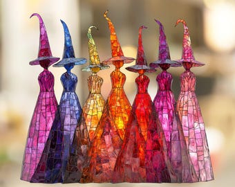 Colorful Row of Witches Window Cling Sticker Pink Halloween Decor Coquette Decoration for Fall Autumn Spooky Cute