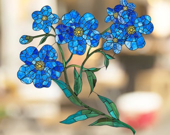 Forget Me Not Stained Glass Window Cling Beautiful Flower Window Artwork Window Decal Sticker Vinyl Film Gift for Nature Lover Her Mom