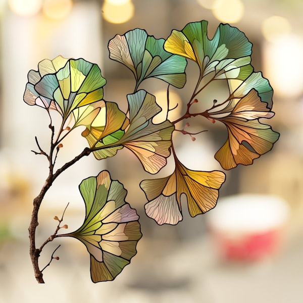 Multi-color Ginkgo Leaves Stained Glass Window Cling Decal Sticker Film Window Decor No Adhesive Vinyl Artful