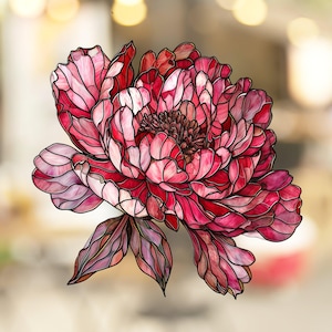 May include: A vibrant pink and red peony flower with intricate details, resembling stained glass. The flower is in full bloom with delicate petals and a central pistil.