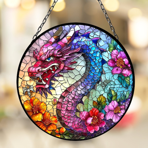 Cute Chinese Dragon Suncatcher Stained Glass Vibrant Color Window Art Gift for Her Him Home