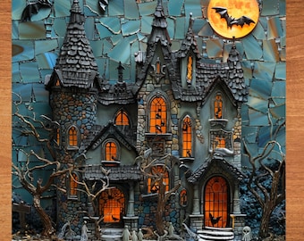 Gothic Mansion with Bats Stained Glass Look Art on Glossy Ceramic Tile Decorative Gift Artful Mosaic Wall Decor