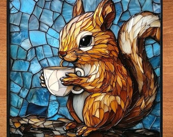 Squirrel Drinking Coffee Ceramic Tile Art Decor for Bookshelf Book Nook Wall Art Gift for Her Mom Wife Grandmother Friend