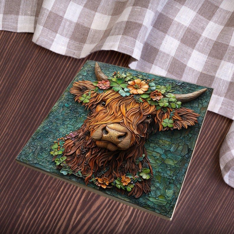 Irish Highland Cow Ceramic Art Tile Artful Bookshelf Book Nook Wall Decor Gift for Her Saint Patrick's Day Springtime Irish afbeelding 4