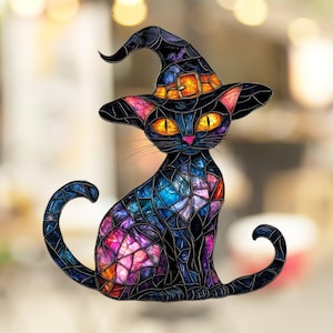 Pegatina rosa para ventana con sombrero de bruja y gato negro, decoración rosa de Halloween, decoración coqueta para otoño, espeluznante y linda