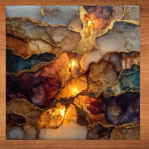 May include: Abstract art painting with a gold and brown color scheme. The painting is made up of many different shapes and sizes, and it has a textured surface. The painting is lit from behind, creating a warm glow.