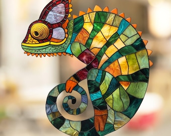 Chameleon Stained Glass Window Cling Window Sticker Decal - No Adhesive Required, Reusable Gift for Her Him Home