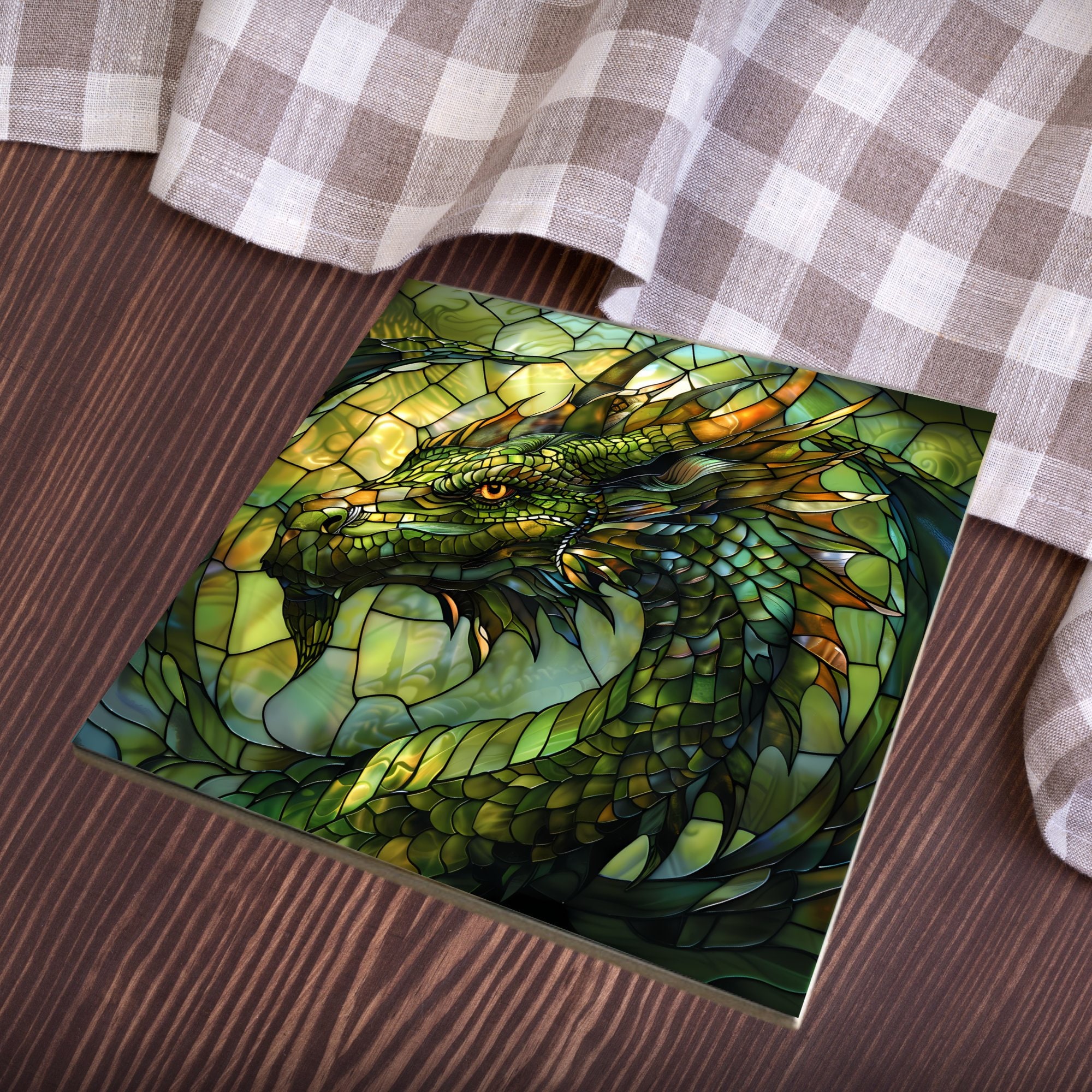 Green Dragon Stained Glass Look Art on Glossy Ceramic Decorative Tile ...