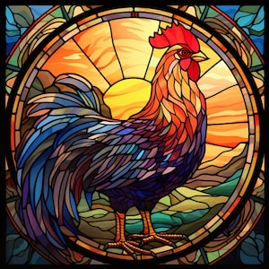May include: A stained glass illustration of a rooster with a red comb and wattle, standing against a sunrise background. The rooster's feathers are a mix of blue, purple, and red, and the background is a vibrant orange and yellow.