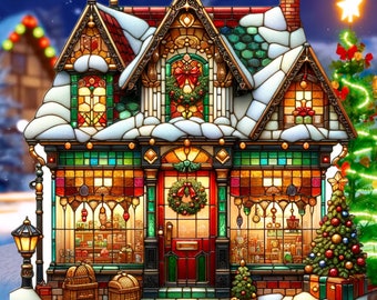 Stained Glass Christmas Village Shop Window Cling Window Decoration Decal Sticker Reusable Holiday Decor Christmas Decoration